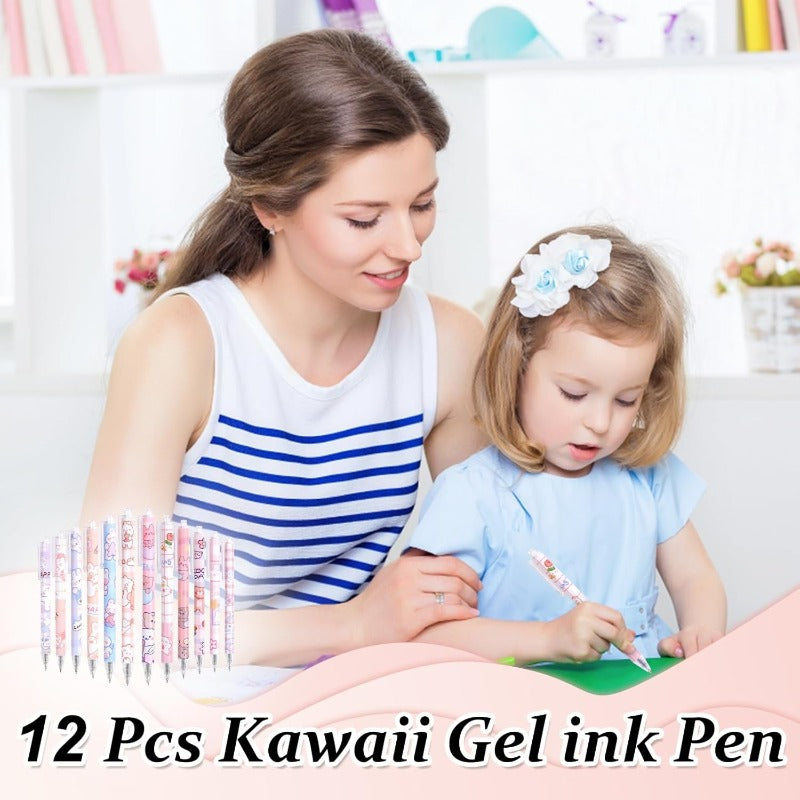 12pcs Cute Gel Ink Pens Kawaii Cartoon Pens 0.5mm Black Retractable Rollerball Pens Set Student Supplies for Girl Women Writing Journaling Taking Notes School Office Set B Back To School School Supplies