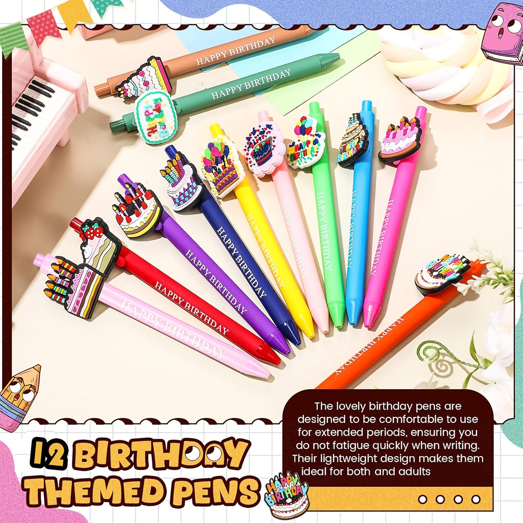 12pcs Cute Animal Happy Birthday Pens Cartoon Pens Funny Pen Writing Ballpoint Pens Retractable Black Ink Pens Birthday Party Gifts for Students Office Supplies School Stationery