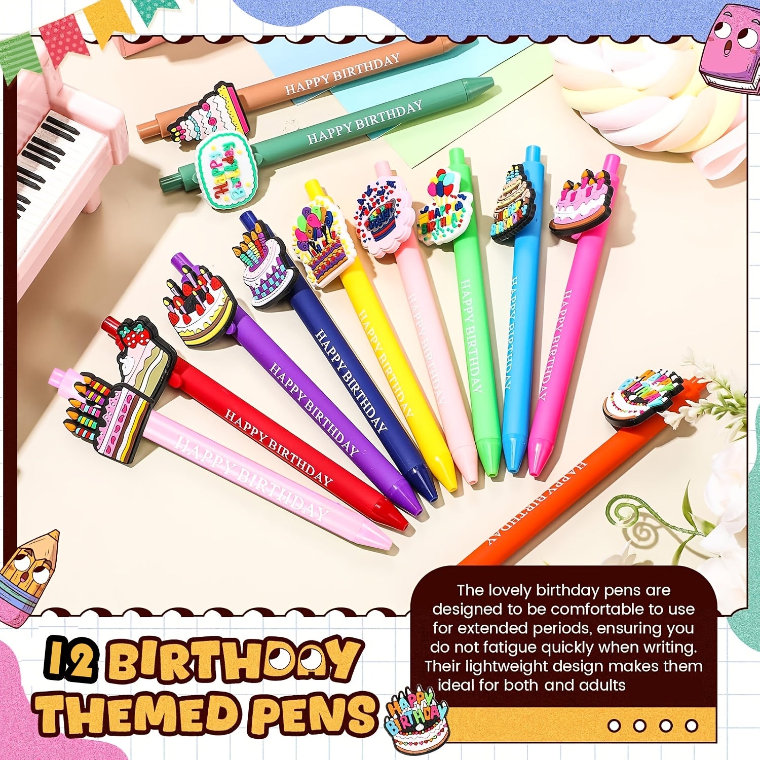 12pcs Cute Animal Happy Birthday Pens Cartoon Pens Funny Pen Writing Ballpoint Pens Retractable Black Ink Pens Birthday Party Gifts for Students Office Supplies School Stationery