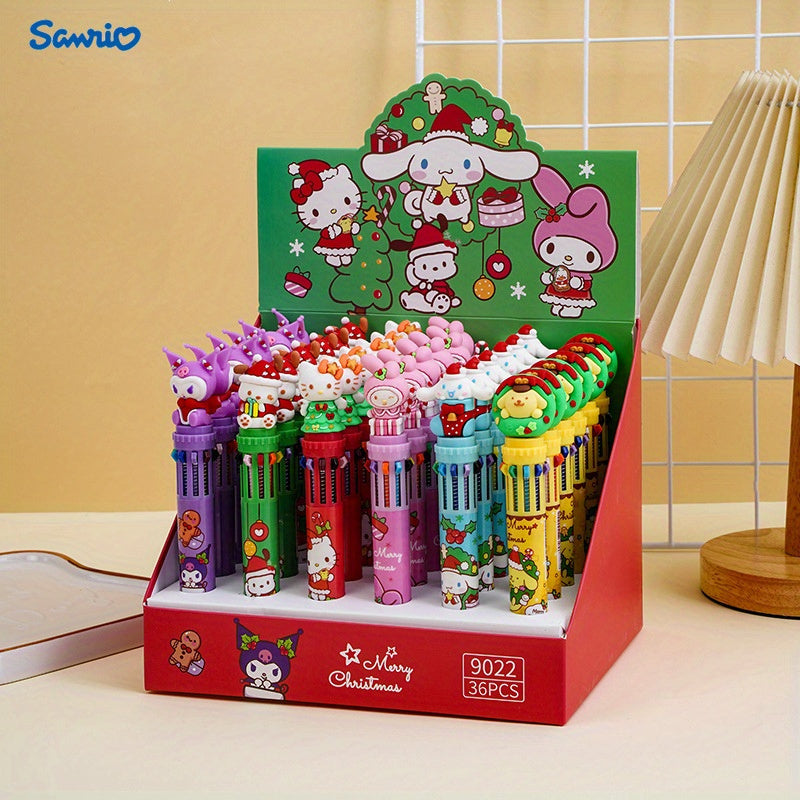 Sanrio Christmas Retractable Ballpoint Pen, 10 Colors, Medium Point, Round Body, Plastic Material, Creative Multi-Color Writing Pen for Diary & Gift, Family Set