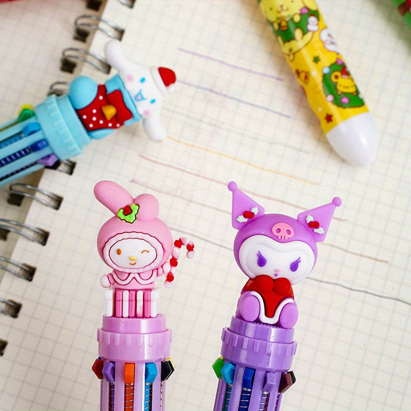 Sanrio Christmas Retractable Ballpoint Pen, 10 Colors, Medium Point, Round Body, Plastic Material, Creative Multi-Color Writing Pen for Diary & Gift, Family Set