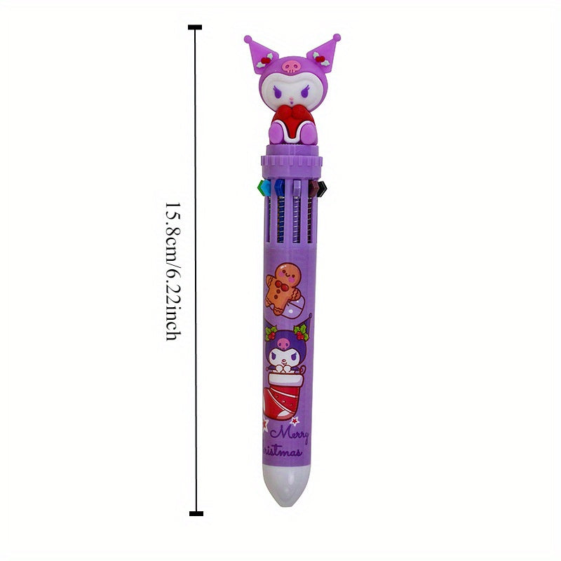 Sanrio Christmas Retractable Ballpoint Pen, 10 Colors, Medium Point, Round Body, Plastic Material, Creative Multi-Color Writing Pen for Diary & Gift, Family Set