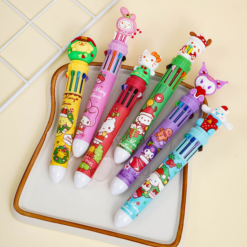 Sanrio Christmas Retractable Ballpoint Pen, 10 Colors, Medium Point, Round Body, Plastic Material, Creative Multi-Color Writing Pen for Diary & Gift, Family Set