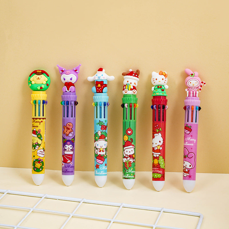 Sanrio Christmas Retractable Ballpoint Pen, 10 Colors, Medium Point, Round Body, Plastic Material, Creative Multi-Color Writing Pen for Diary & Gift, Family Set