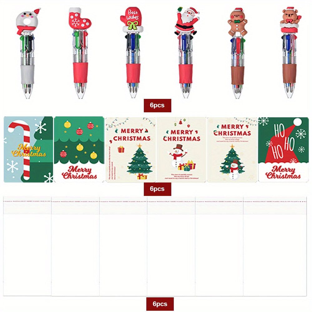 18pcs Christmas Gift Set - 6pcs 4-in-1 Multicolor Pens (0.7mm Retractable), 6 Christmas Cards, 6 Gift Bags - Cute Cartoon School Supplies, Holiday Party Favors, Christmas Gifts, Festive Stationery, Seasonal Accessories, Fun Designs, Retractable Pen,