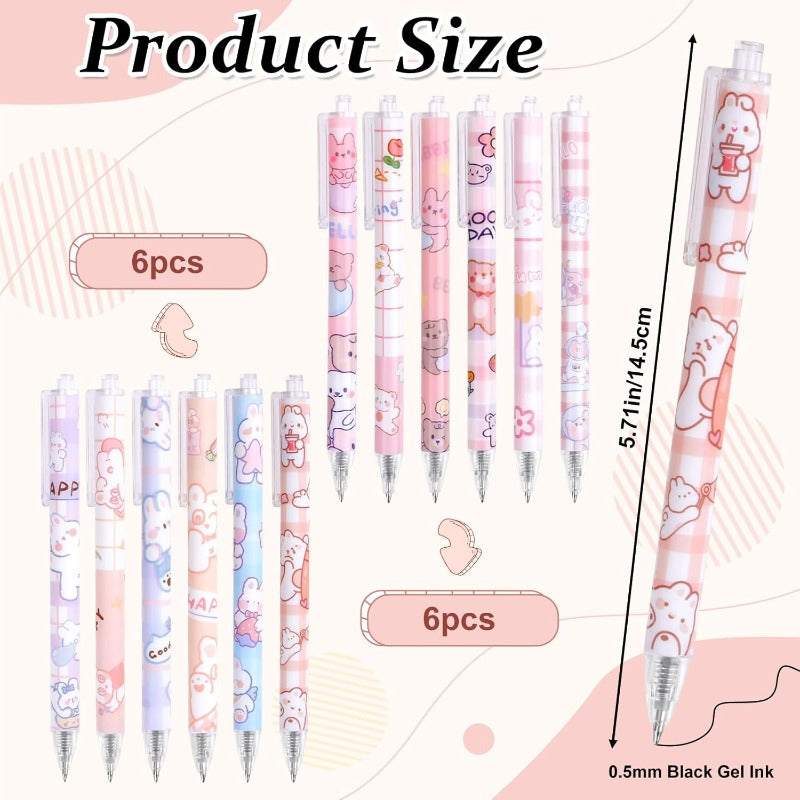 12pcs Cute Gel Ink Pens Kawaii Cartoon Pens 0.5mm Black Retractable Rollerball Pens Set Student Supplies for Girl Women Writing Journaling Taking Notes School Office Set B Back To School School Supplies