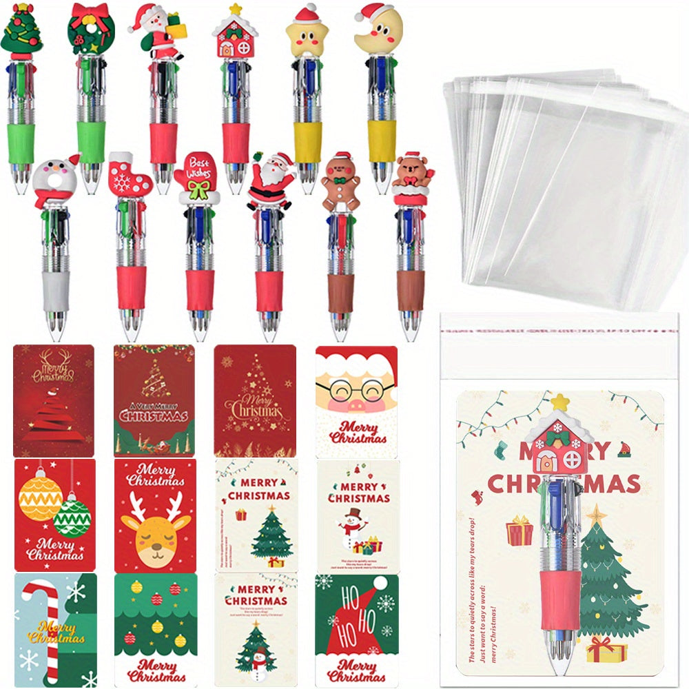 18pcs Christmas Gift Set - 6pcs 4-in-1 Multicolor Pens (0.7mm Retractable), 6 Christmas Cards, 6 Gift Bags - Cute Cartoon School Supplies, Holiday Party Favors, Christmas Gifts, Festive Stationery, Seasonal Accessories, Fun Designs, Retractable Pen,