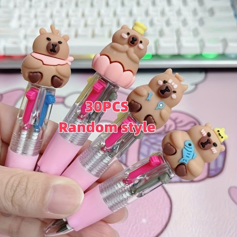 30pcs Multi-color Round Capybara Retractable Ballpoint Pen, Four-in-One Color Pen, Portable for Learning and Office, Back Essential, Reward, Ideal Gift for Friends and Family!