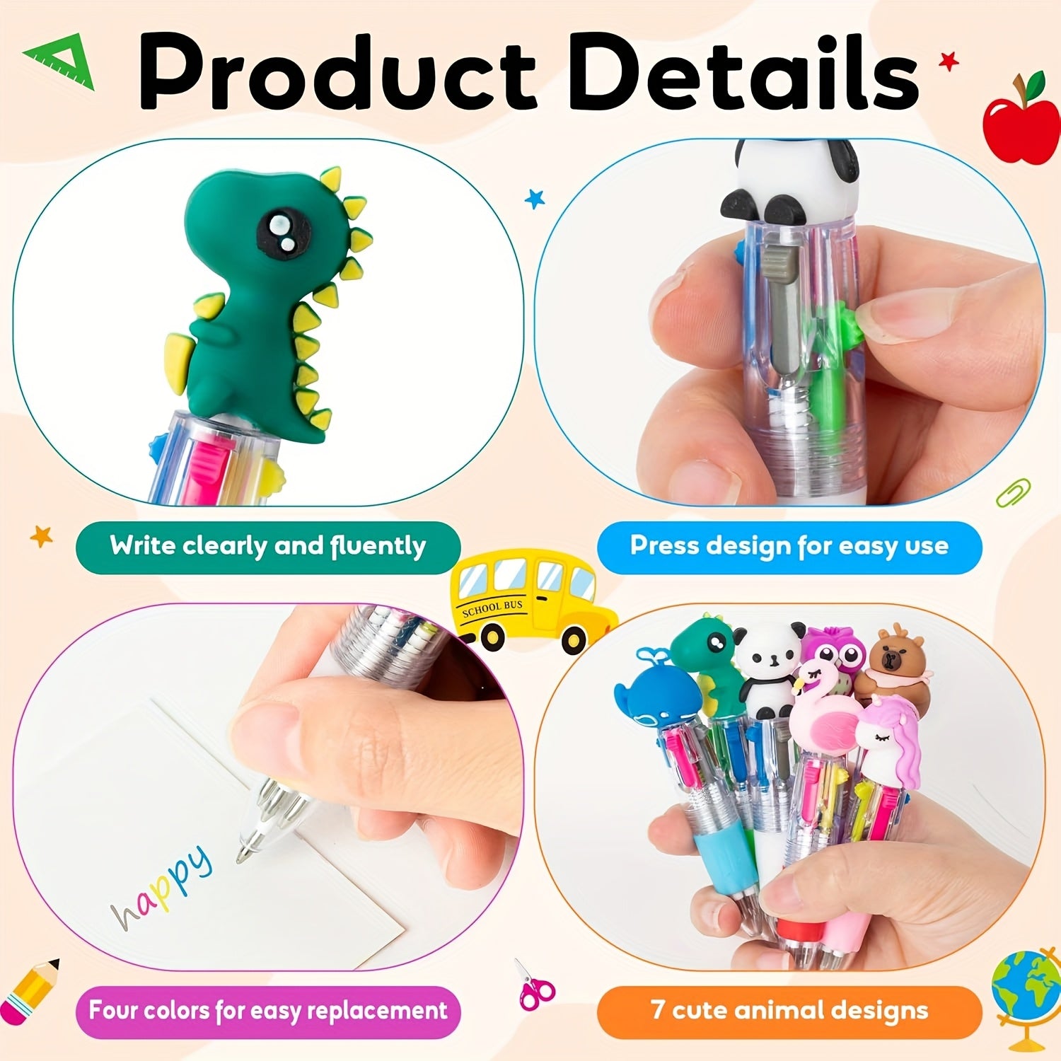 42pcs/14 Sets of Year-End Student Gifts Including Cute Cartoon 4-In-1 Colorful Retractable Ballpoint Pens with Greeting Cards, Suitable for School Party Gifts And Bulk Exchange Gifts