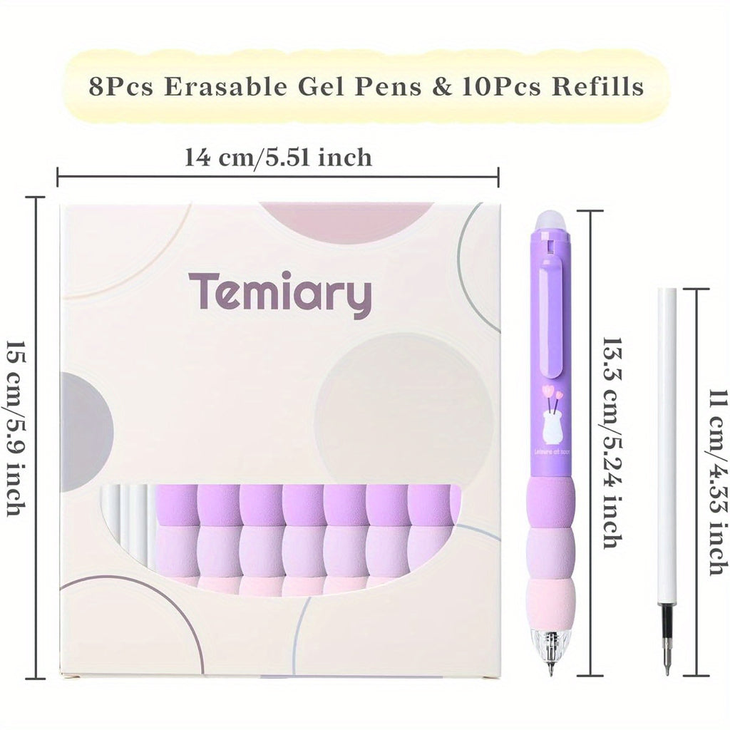 18pcs Aesthetic Retractable Erasable Gel Pens, Make Mistakes Disappear, 8 Pens & 10 Refills, Cartoon Smooth Writing Pen, 0. 5mm Black & Blue Ink Pen, Office School Supplies. ( Purple Theme, Cute Gel Pens, Pens Set, Cute Pens, Pens for, School Stationery,