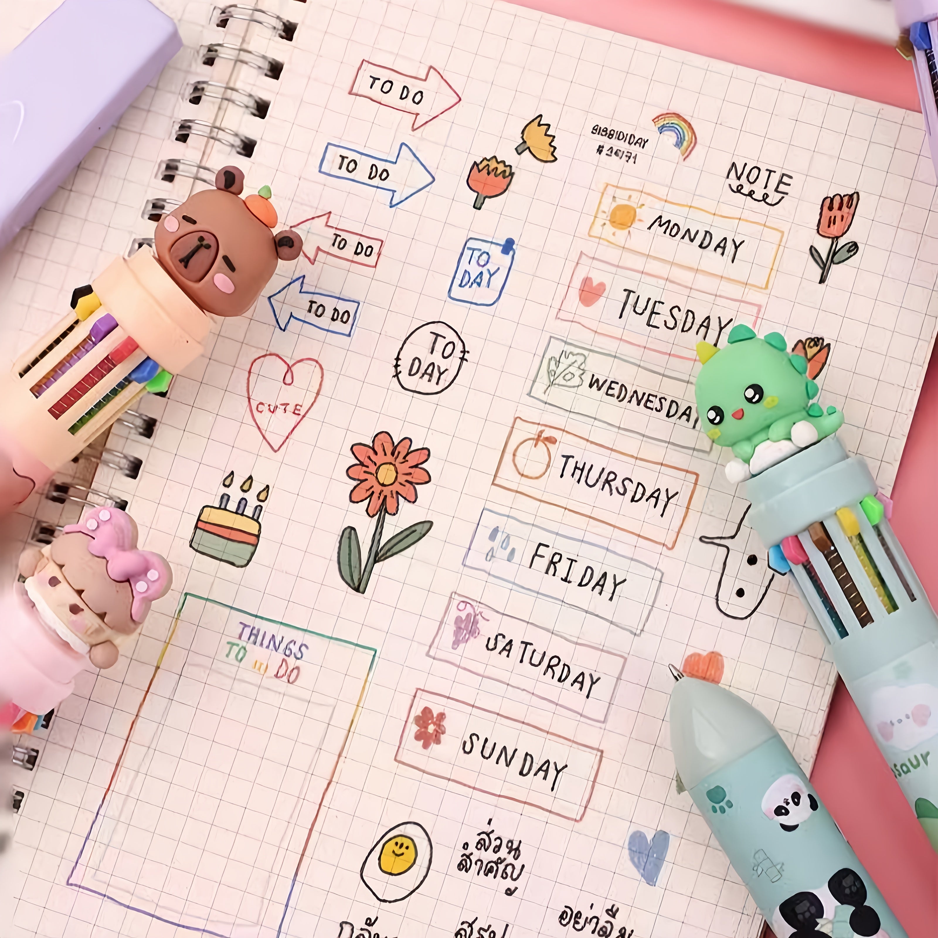 6-Piece Cute Cartoon Retractable Ballpoint Pens - 10-Color Set with Soft Silicone 3D Tips for Easy Color Switching, Vibrant Colors for Hand-Lettering, Painting, School, Office & Art Projects, Hand Lettering Tool, Artistic Drawing Pen, Playful Design, Fun