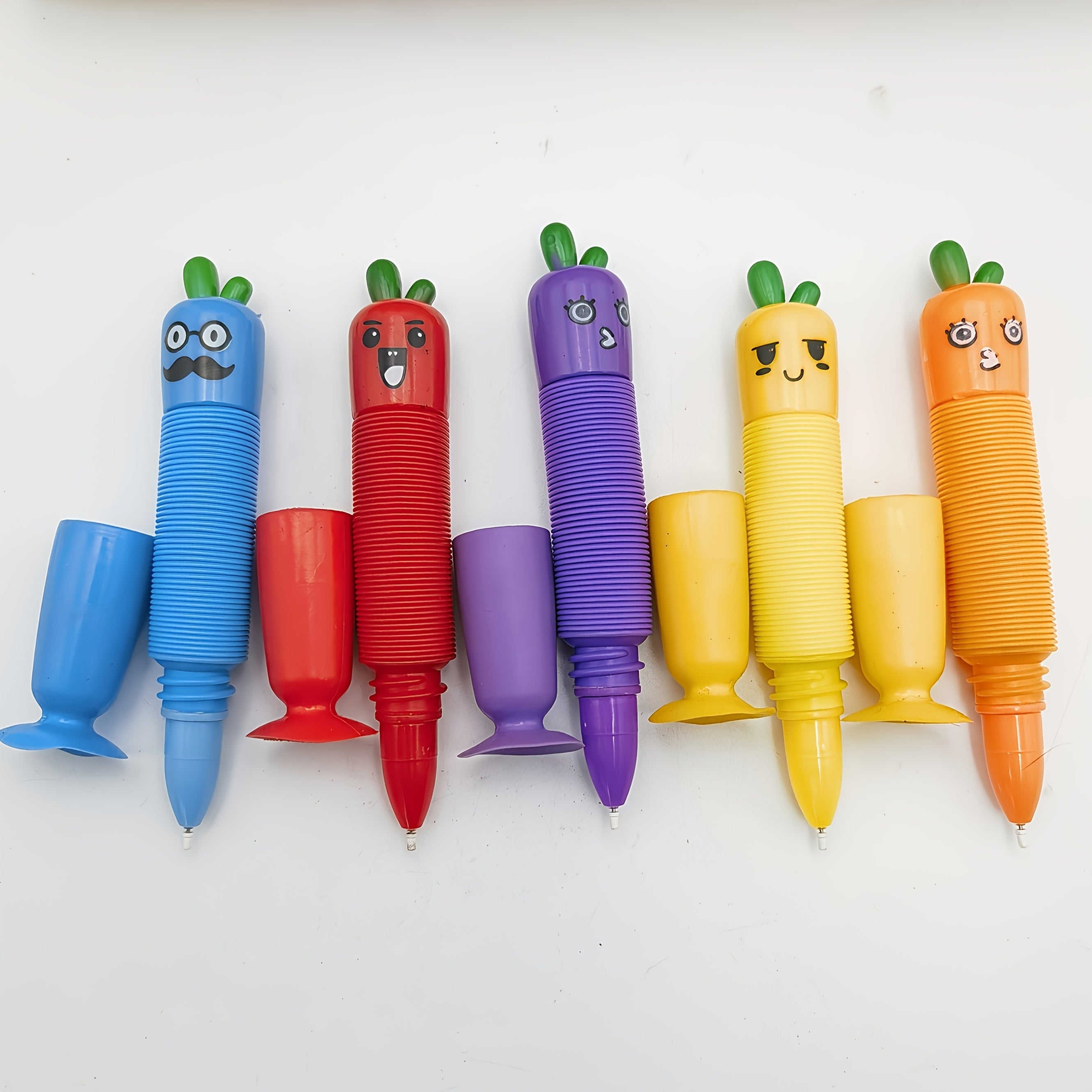 [5pcs Cartoon Pens] 5pcs Cute Cartoon Carrot & Vegetable Retractable Pens Set | Fine Point, PP Material, with Suction Cup Base | Creative Stationery for Students