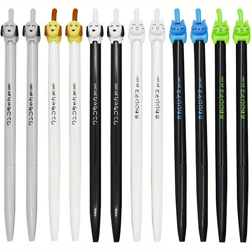 12pcs Cute Cat Dog Tail Clicker Retractable Pen Novelty Japanese Little Kitten Rollerball Pens Black Ink for Cat Lovers Student Shcool Office Supplies Stationery Party Favors