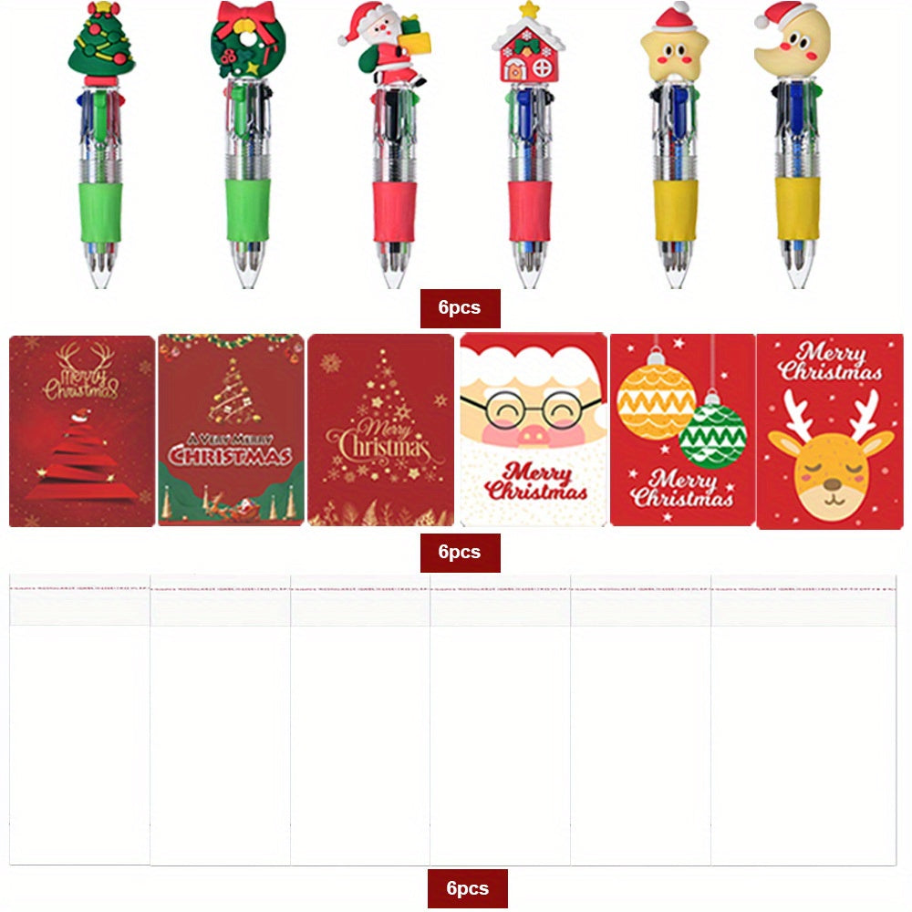 18pcs Christmas Gift Set - 6pcs 4-in-1 Multicolor Pens (0.7mm Retractable), 6 Christmas Cards, 6 Gift Bags - Cute Cartoon School Supplies, Holiday Party Favors, Christmas Gifts, Festive Stationery, Seasonal Accessories, Fun Designs, Retractable Pen,