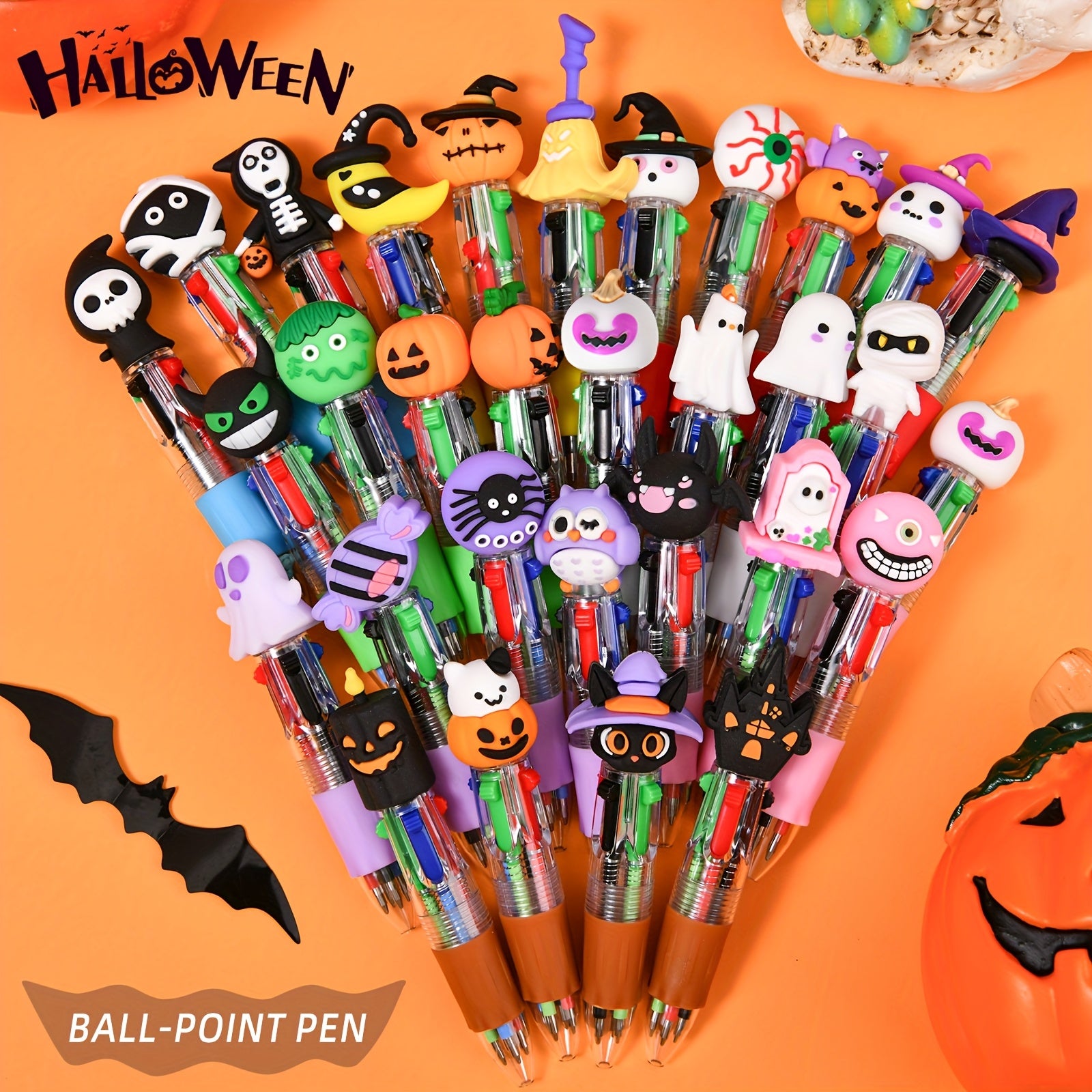 15/30pcs Creative Simple Cute Back to School Retractable Ballpoint Pens Mini Four-Color Ballpoint Pens Cute Cartoon Halloween Gifts Colorful Pens for Students Random Colors