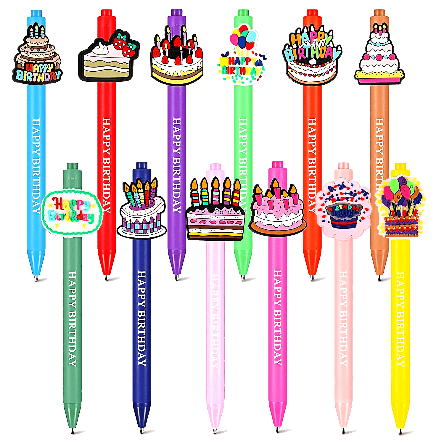 12pcs Cute Animal Happy Birthday Pens Cartoon Pens Funny Pen Writing Ballpoint Pens Retractable Black Ink Pens Birthday Party Gifts for Students Office Supplies School Stationery