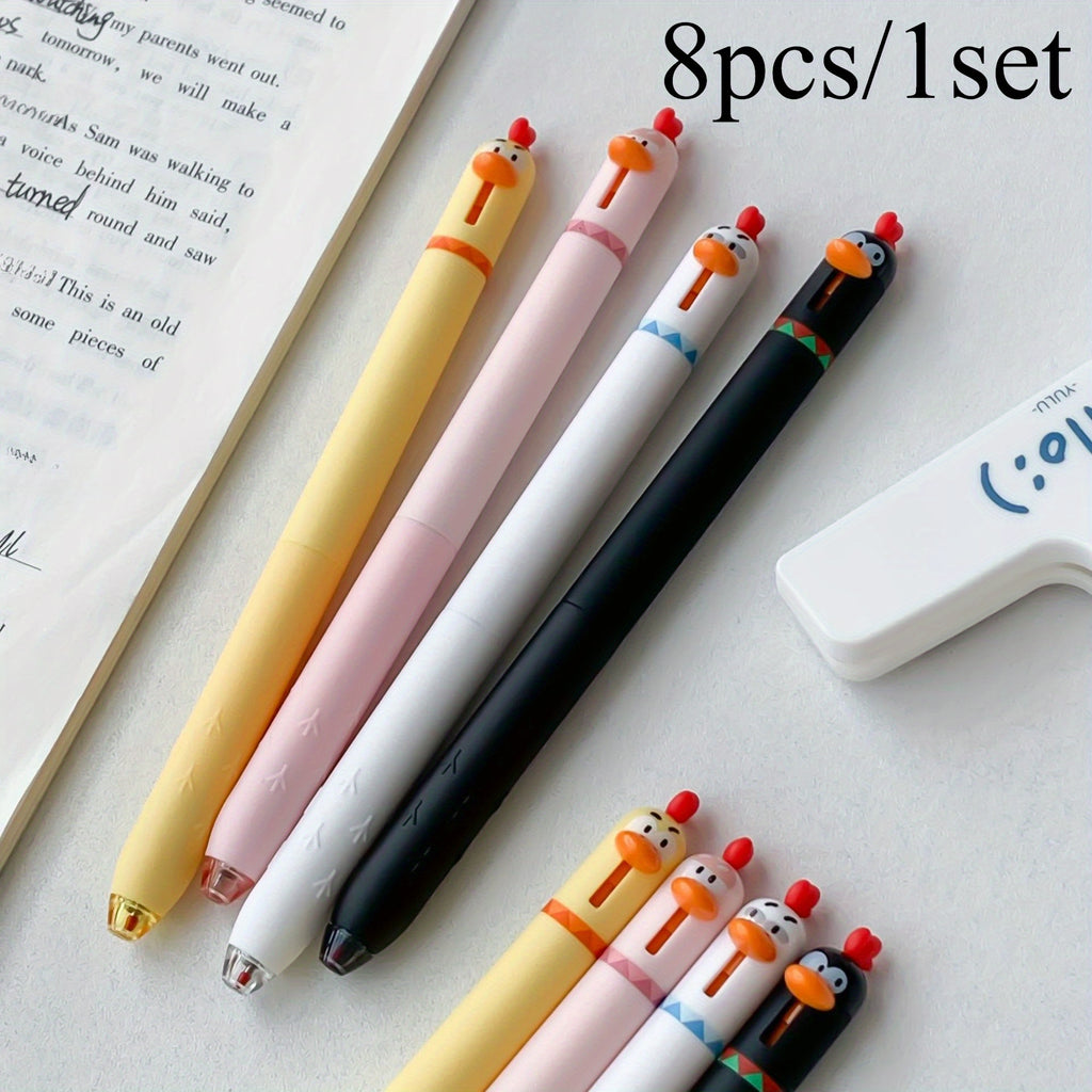 8pcs/ 1set Four different colors of funny chicken click gel pens, decompression office signature black pens, 0.5mm quick-drying writing pens, creative gel pens, can be used for writing and office work