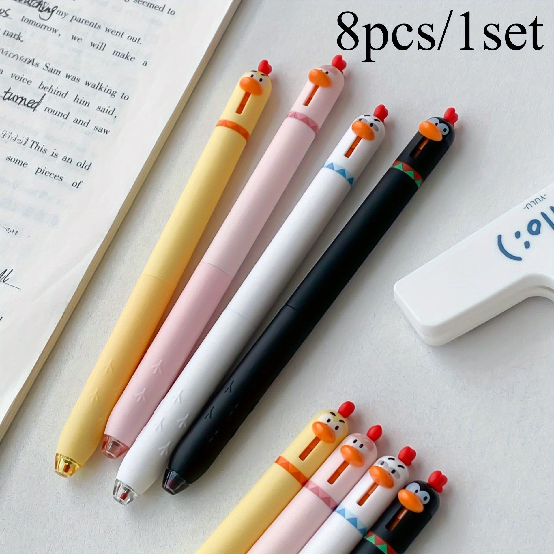 8pcs/ 1set Four different colors of funny chicken click gel pens, decompression office signature black pens, 0.5mm quick-drying writing pens, creative gel pens, can be used for writing and office work