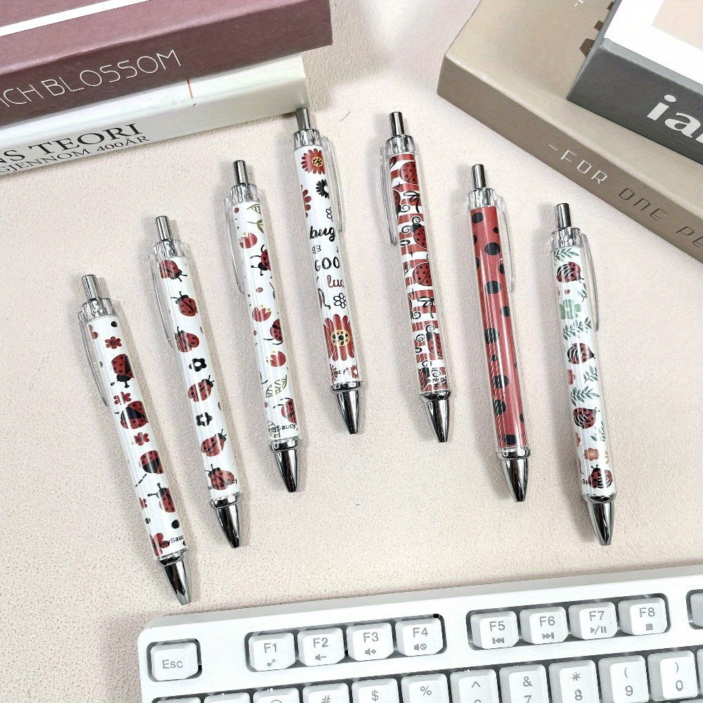 7pcs Creative Red Cartoon Ladybug Ballpoint Pen Set with Retractable Design, Black Ink Writing Pens for Teachers and Office Supplies, Back-to-School Gift, Unique Insect Party Favor