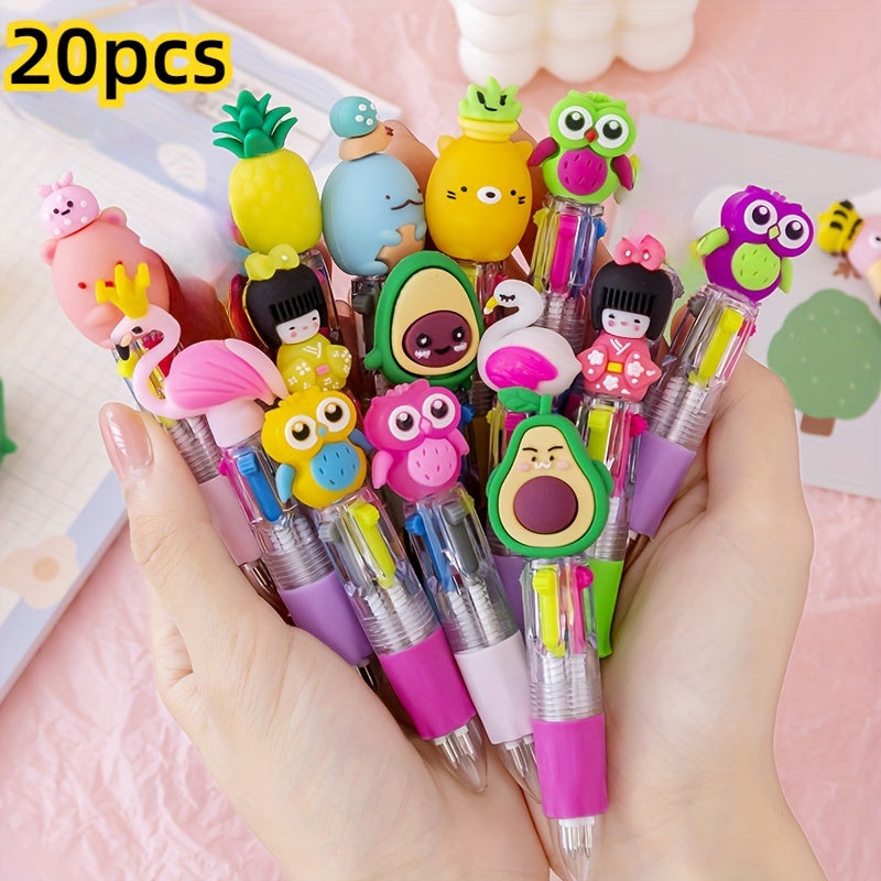 A Set of 20 Cute And Adorable Retractable Ballpoint Pens, Ergonomic Round Pen Body, Medium Nib, PVC Material, Stick Pen Structure, Various Cute Designs, Suitable for School And Office Supplies