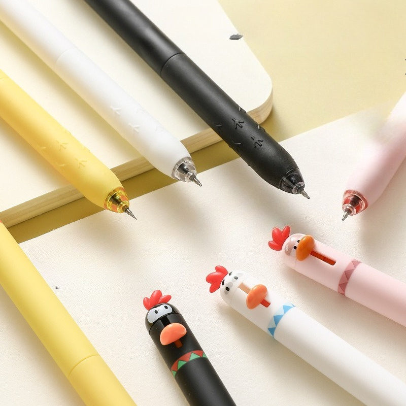 8pcs/ 1set Four different colors of funny chicken click gel pens, decompression office signature black pens, 0.5mm quick-drying writing pens, creative gel pens, can be used for writing and office work