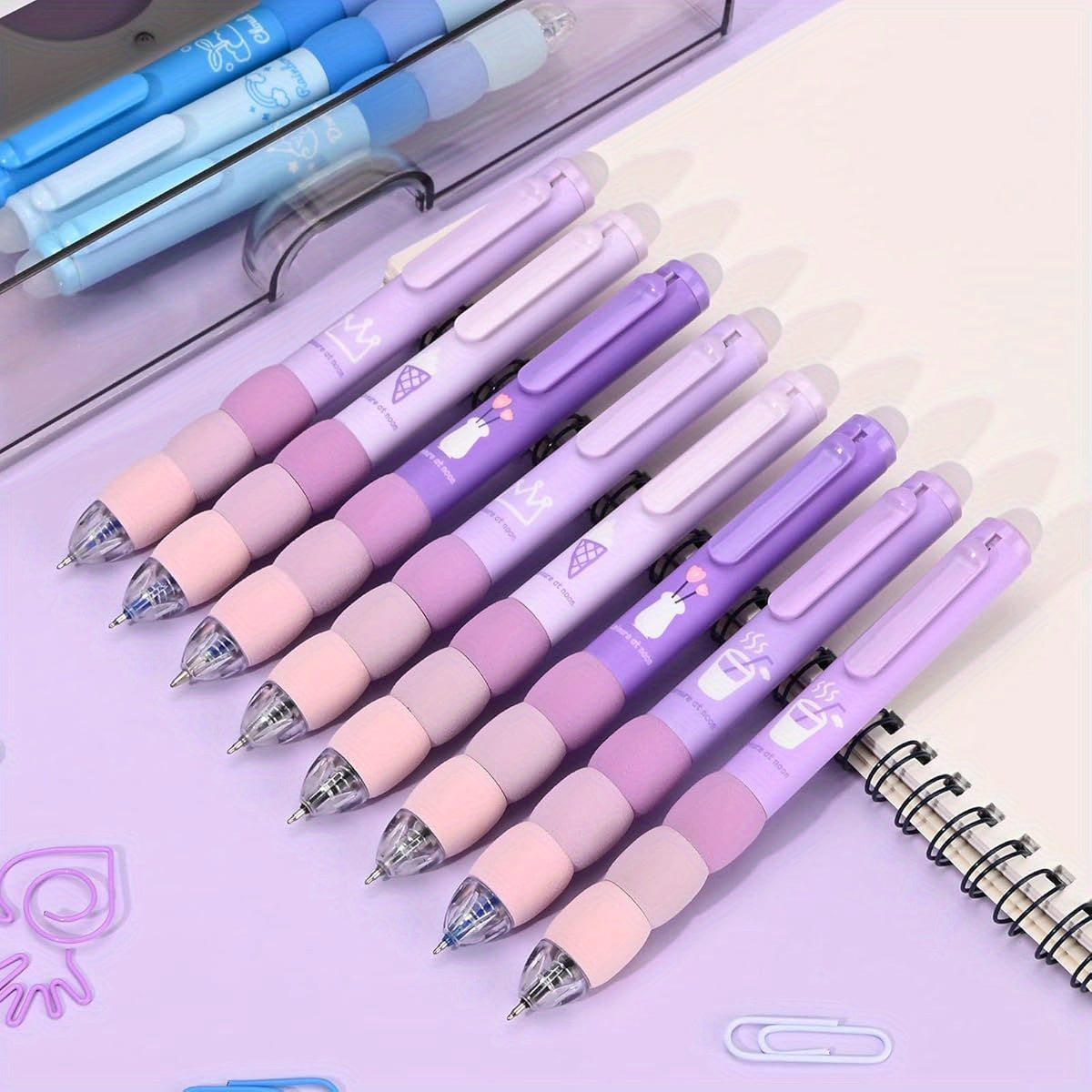 18pcs Aesthetic Retractable Erasable Gel Pens, Make Mistakes Disappear, 8 Pens & 10 Refills, Cartoon Smooth Writing Pen, 0. 5mm Black & Blue Ink Pen, Office School Supplies. ( Purple Theme, Cute Gel Pens, Pens Set, Cute Pens, Pens for, School Stationery,