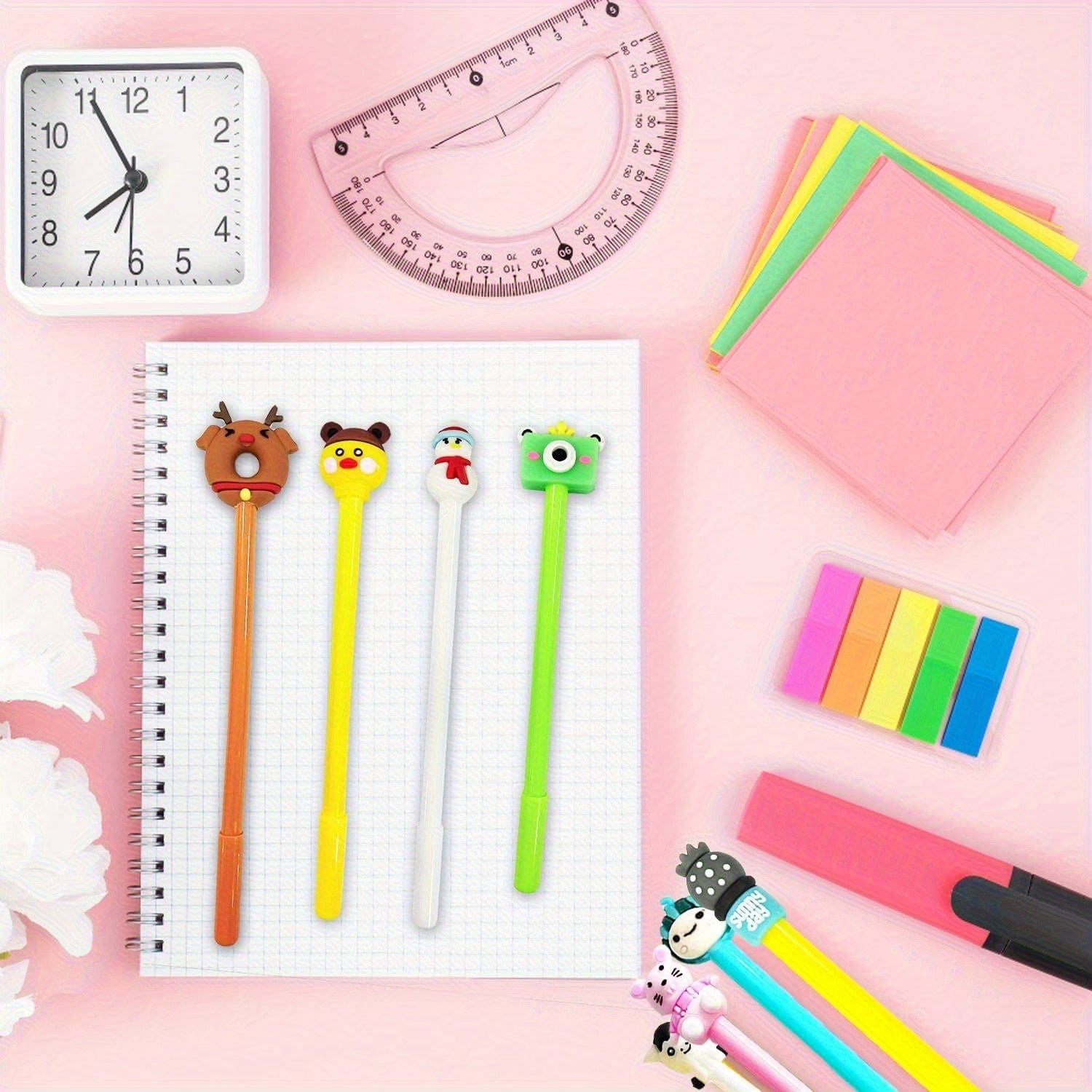 50pcs, cartoon-style ballpoint pen set, smooth writing, 0.5mm fine dots, plastic cylinder with buckle cap, various creative designs, ideal choice for office and school supplies, 18+