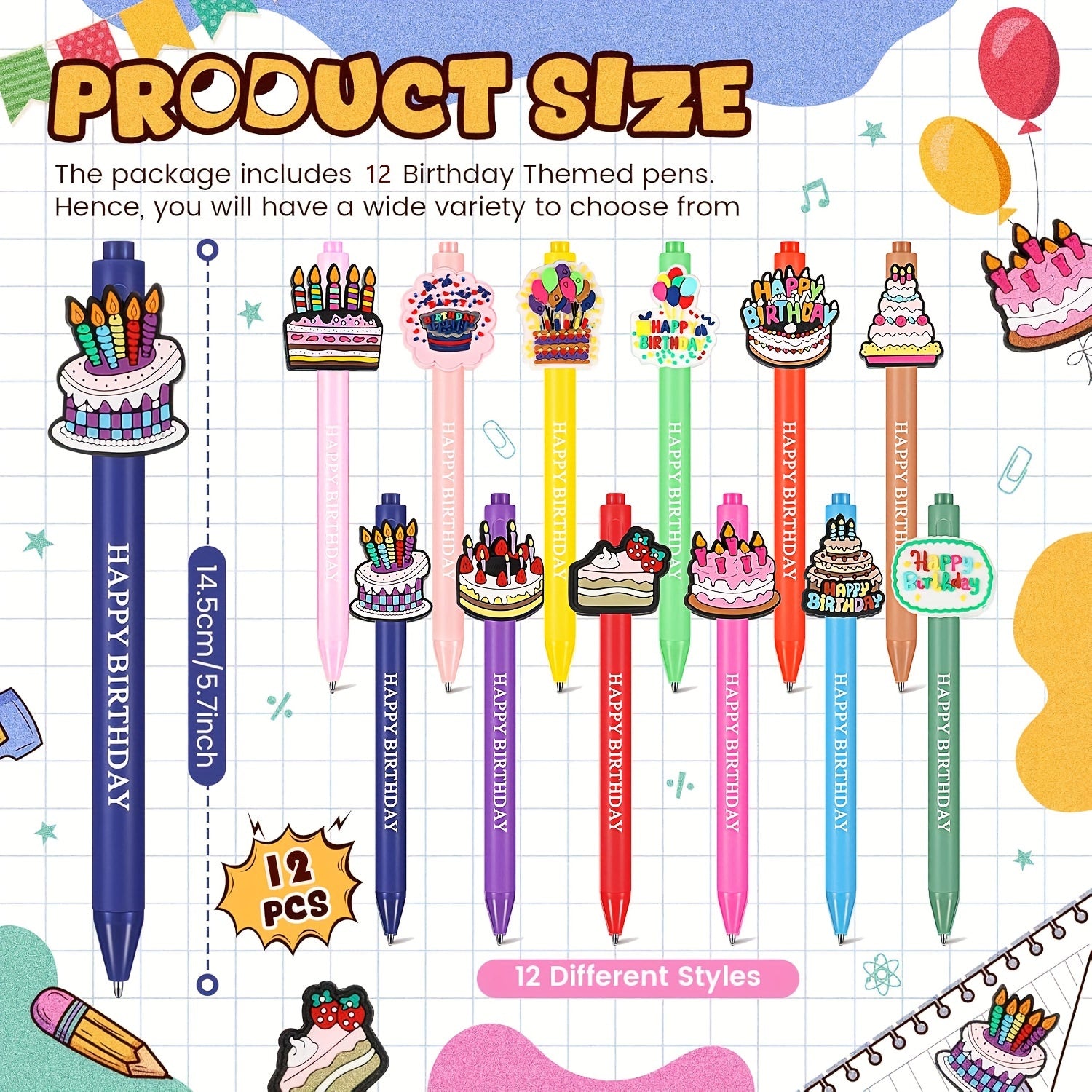 12pcs Cute Animal Happy Birthday Pens Cartoon Pens Funny Pen Writing Ballpoint Pens Retractable Black Ink Pens Birthday Party Gifts for Students Office Supplies School Stationery