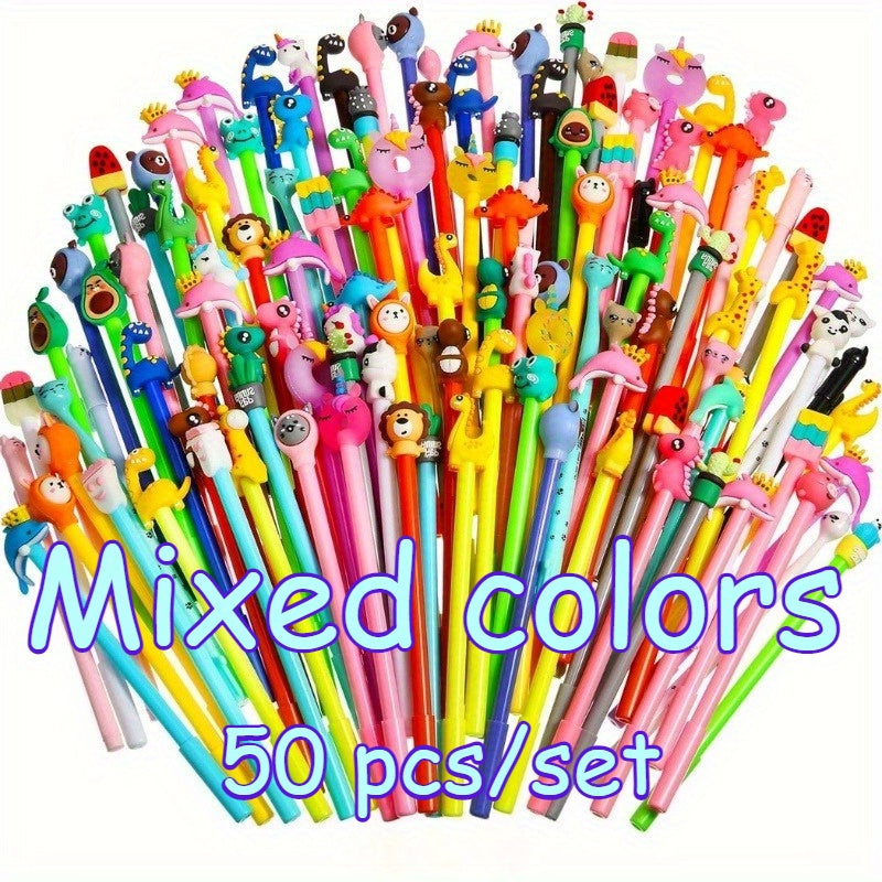 50pcs, cartoon-style ballpoint pen set, smooth writing, 0.5mm fine dots, plastic cylinder with buckle cap, various creative designs, ideal choice for office and school supplies, 18+