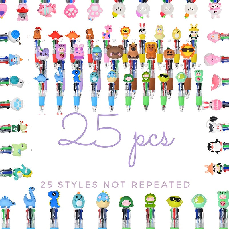 [Vibrant Retractable Pens] 25pcs Vibrant Mini Retractable Pens | Cartoon Character Designs - Red, Blue, Green, Yellow - Ideal for Students, Parties, and Daily Use - Classroom Interaction Prizes and Party Favors