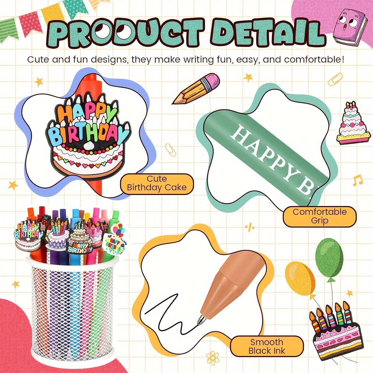 12pcs Cute Animal Happy Birthday Pens Cartoon Pens Funny Pen Writing Ballpoint Pens Retractable Black Ink Pens Birthday Party Gifts for Students Office Supplies School Stationery