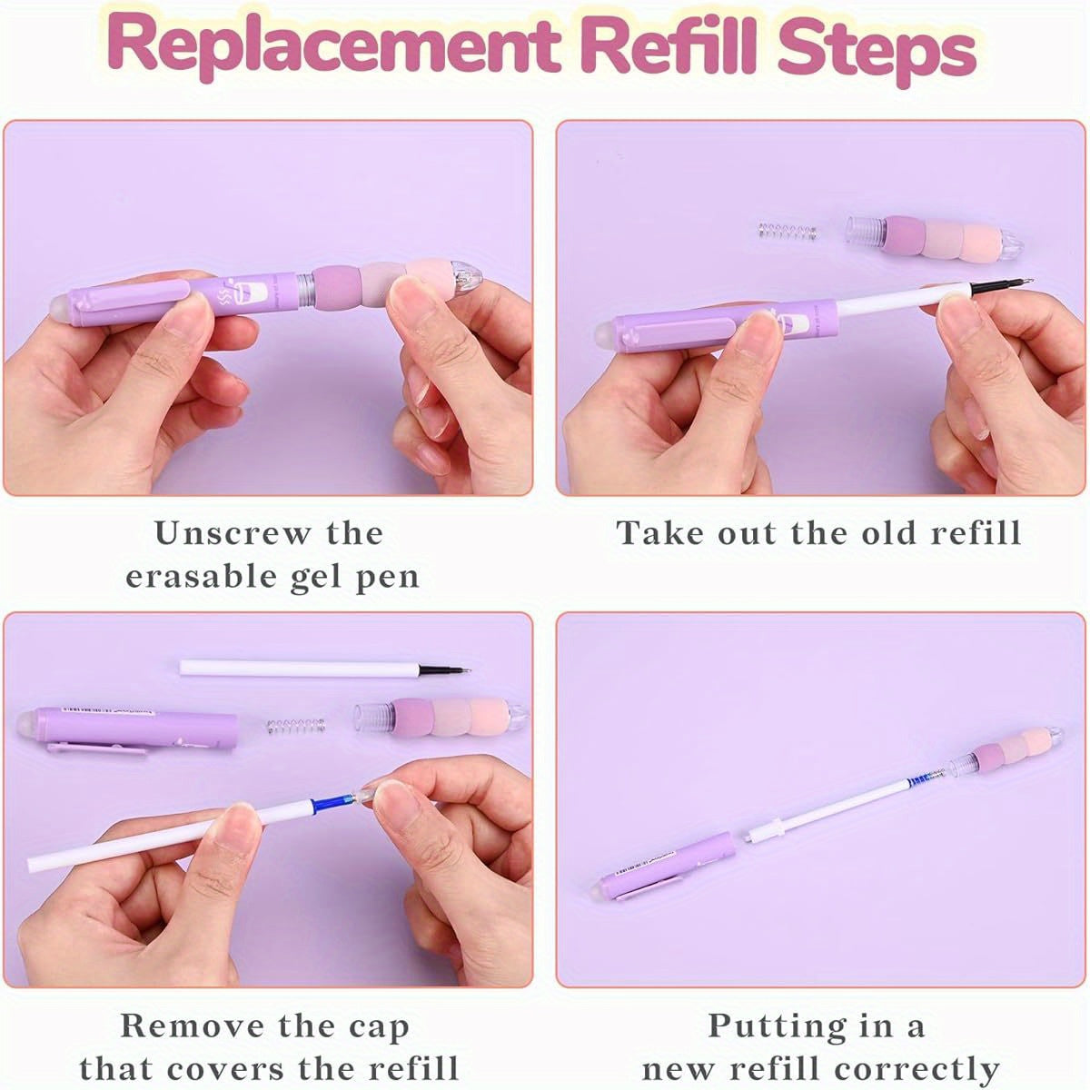 18pcs Aesthetic Retractable Erasable Gel Pens, Make Mistakes Disappear, 8 Pens & 10 Refills, Cartoon Smooth Writing Pen, 0. 5mm Black & Blue Ink Pen, Office School Supplies. ( Purple Theme, Cute Gel Pens, Pens Set, Cute Pens, Pens for, School Stationery,