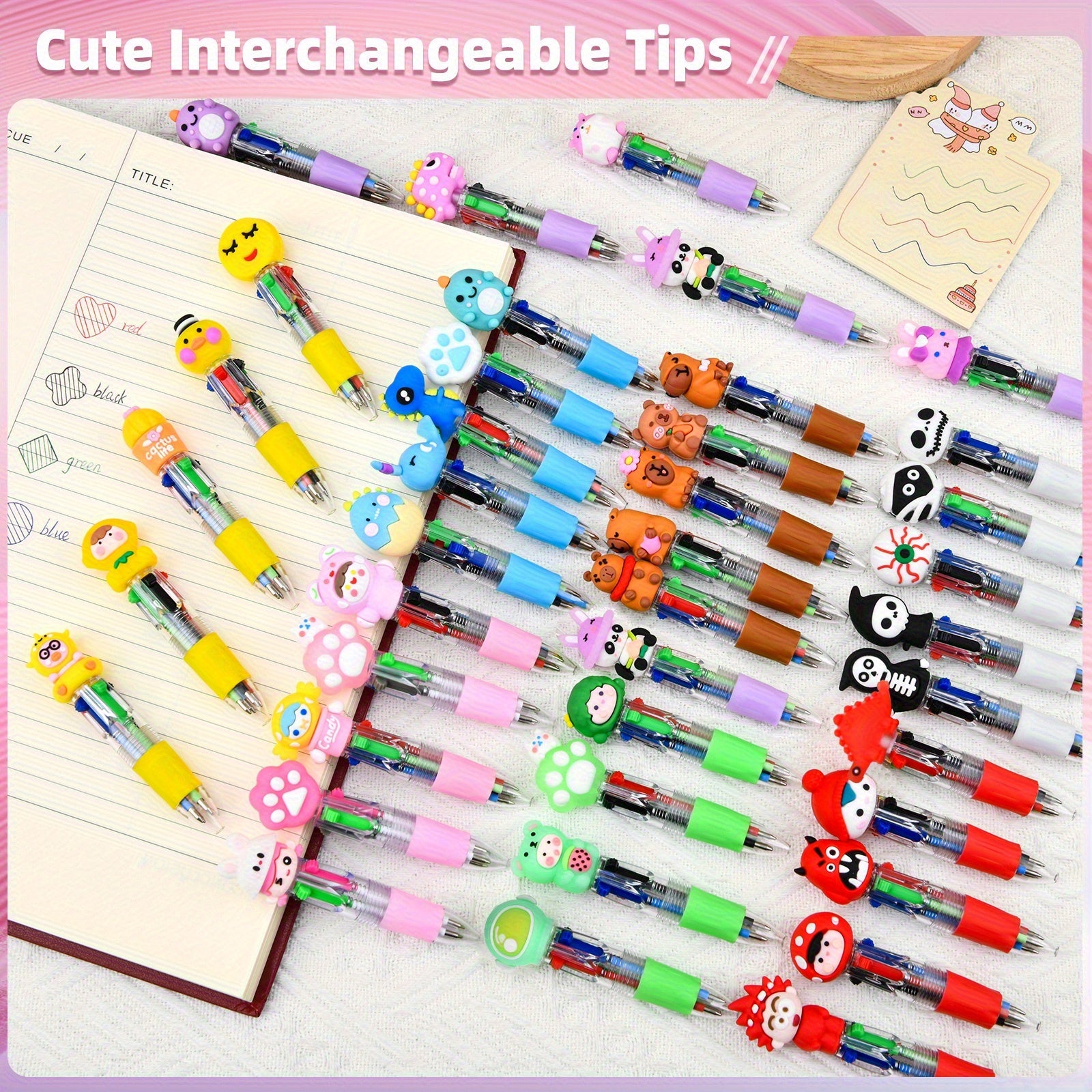 30pcs Creative Mini Four-Color Ballpoint Pen Set, Featuring Adorable Cartoon Designs with Retractable Round Tips, Perfect for Kids' Parties, Birthday Gifts, Classroom Prizes, and School Supplies
