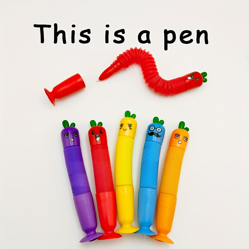 [5pcs Cartoon Pens] 5pcs Cute Cartoon Carrot & Vegetable Retractable Pens Set | Fine Point, PP Material, with Suction Cup Base | Creative Stationery for Students