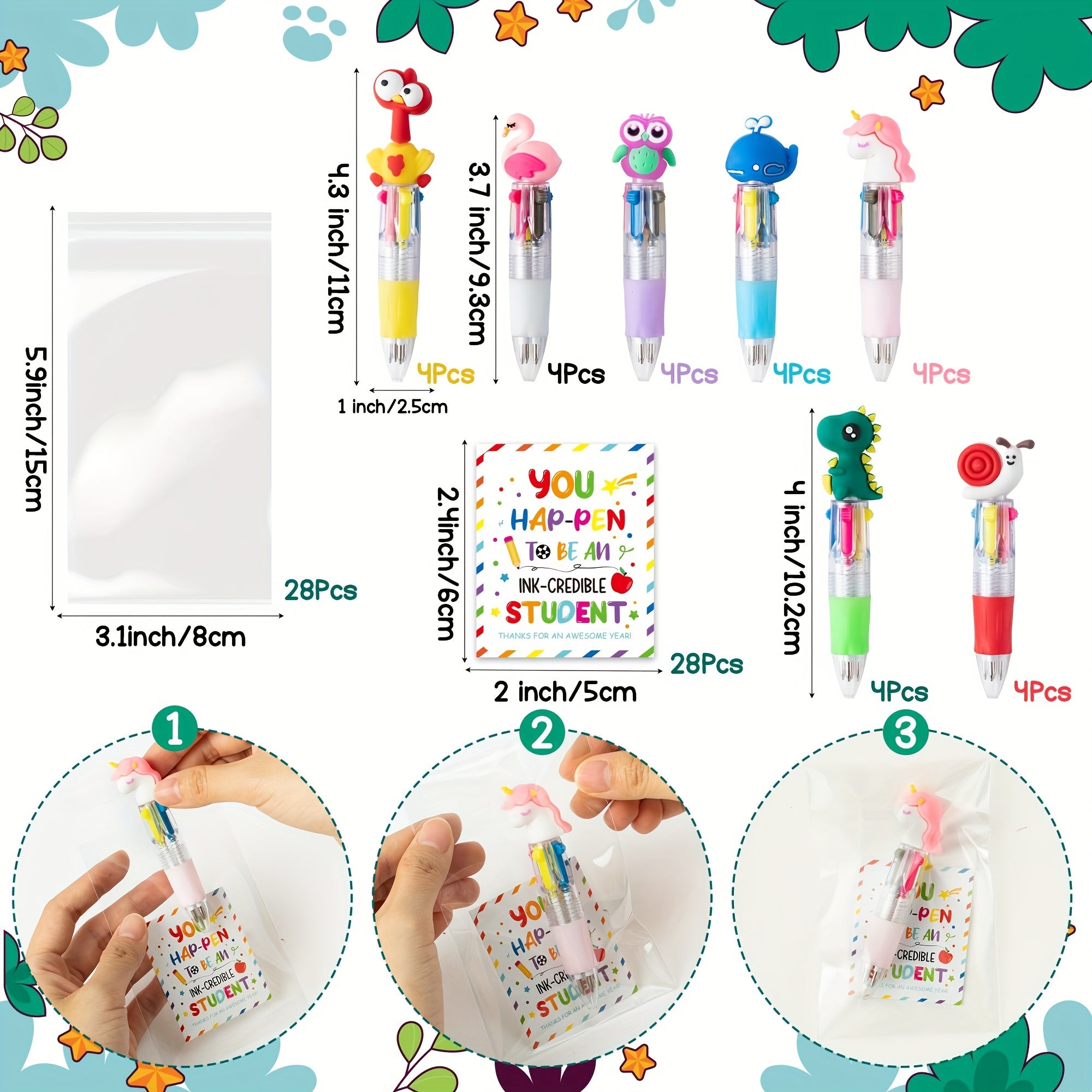 84pcs/28sets End of year student gifts include cute cartoon 4-in-1 multicolor ballpoint pens with gift cards, suitable for school party gifts, and bulk for school exchange gifts Back-to-school gift