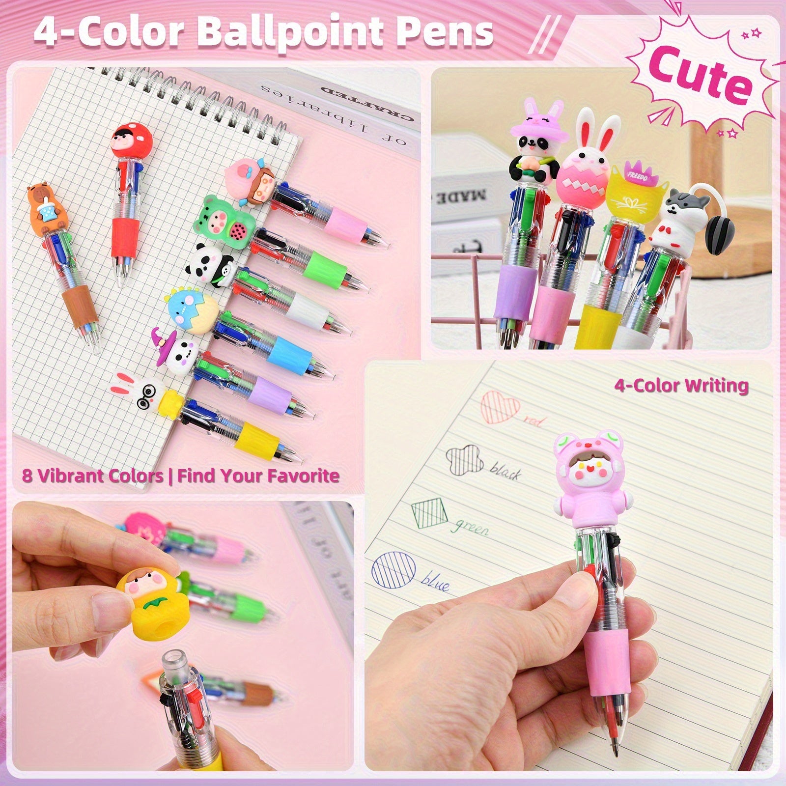 30pcs Creative Mini Four-Color Ballpoint Pen Set, Featuring Adorable Cartoon Designs with Retractable Round Tips, Perfect for Kids' Parties, Birthday Gifts, Classroom Prizes, and School Supplies