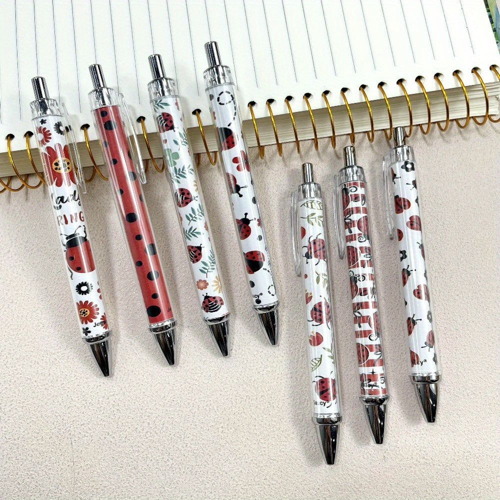 7pcs Creative Red Cartoon Ladybug Ballpoint Pen Set with Retractable Design, Black Ink Writing Pens for Teachers and Office Supplies, Back-to-School Gift, Unique Insect Party Favor