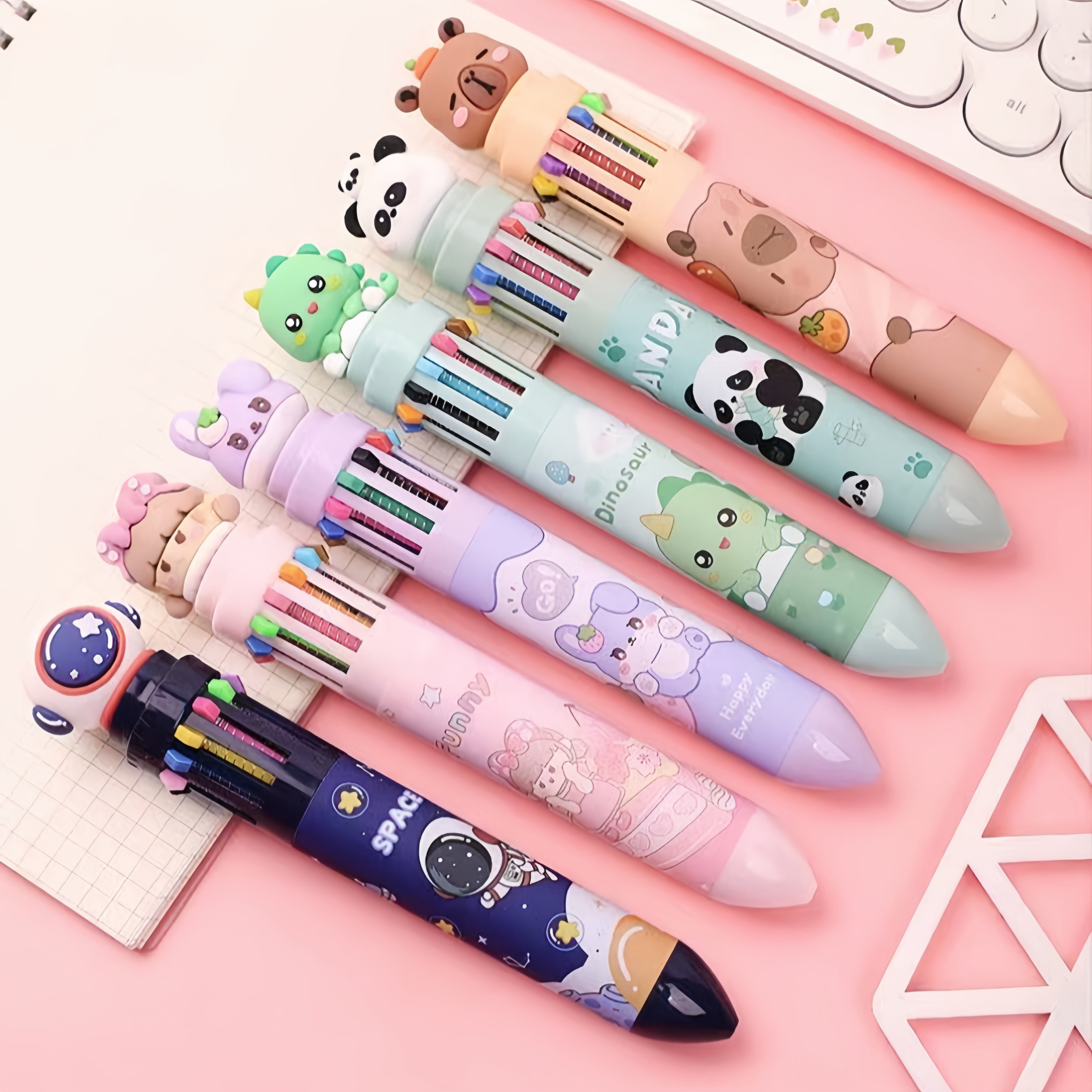 6-Piece Cute Cartoon Retractable Ballpoint Pens - 10-Color Set with Soft Silicone 3D Tips for Easy Color Switching, Vibrant Colors for Hand-Lettering, Painting, School, Office & Art Projects, Hand Lettering Tool, Artistic Drawing Pen, Playful Design, Fun