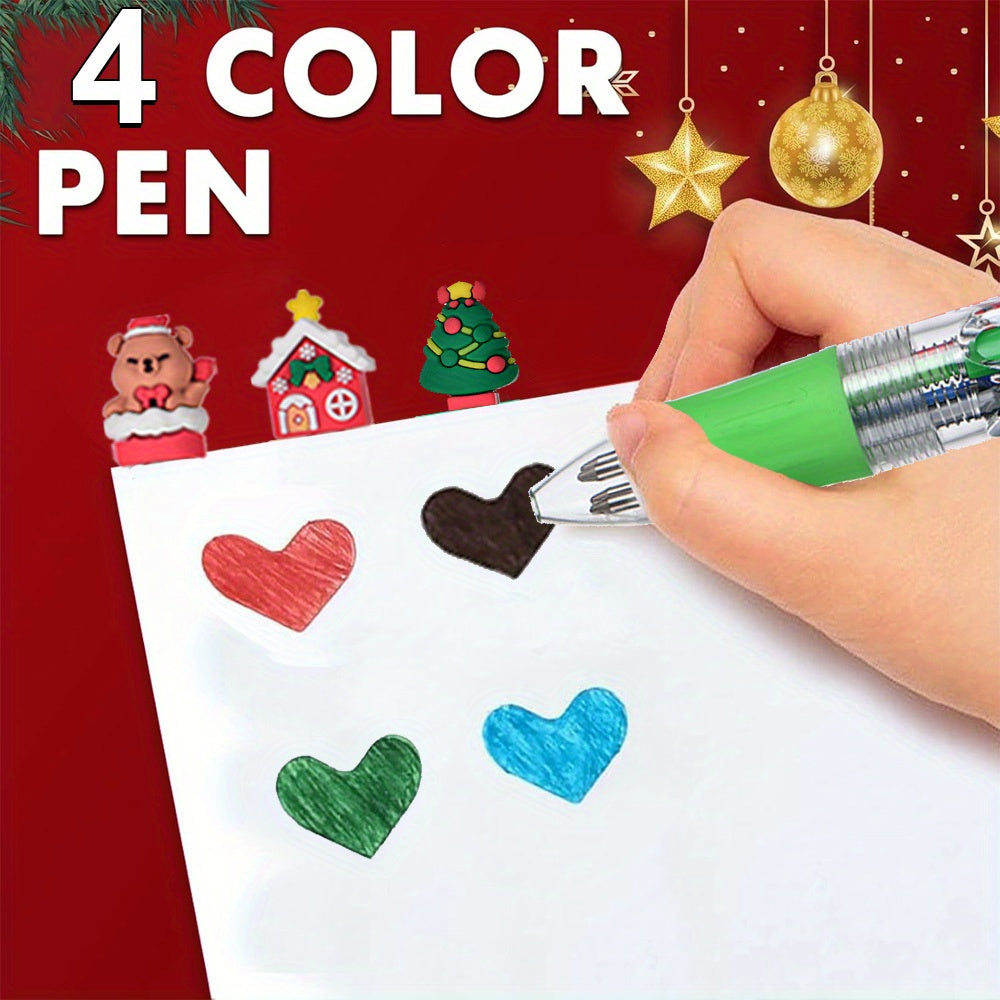 18pcs Christmas Gift Set - 6pcs 4-in-1 Multicolor Pens (0.7mm Retractable), 6 Christmas Cards, 6 Gift Bags - Cute Cartoon School Supplies, Holiday Party Favors, Christmas Gifts, Festive Stationery, Seasonal Accessories, Fun Designs, Retractable Pen,