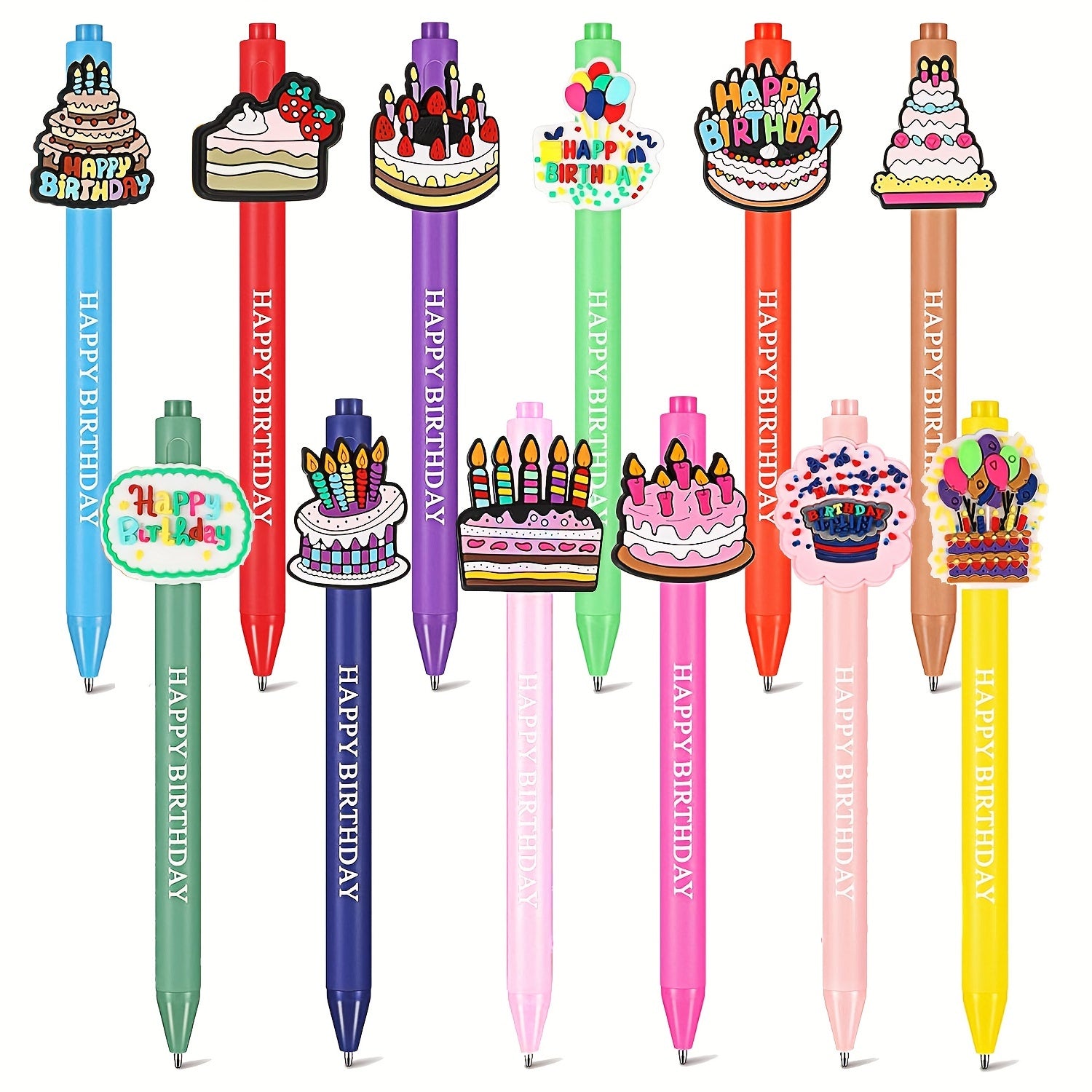 12pcs Cute Animal Happy Birthday Pens Cartoon Pens Funny Pen Writing Ballpoint Pens Retractable Black Ink Pens Birthday Party Gifts for Students Office Supplies School Stationery