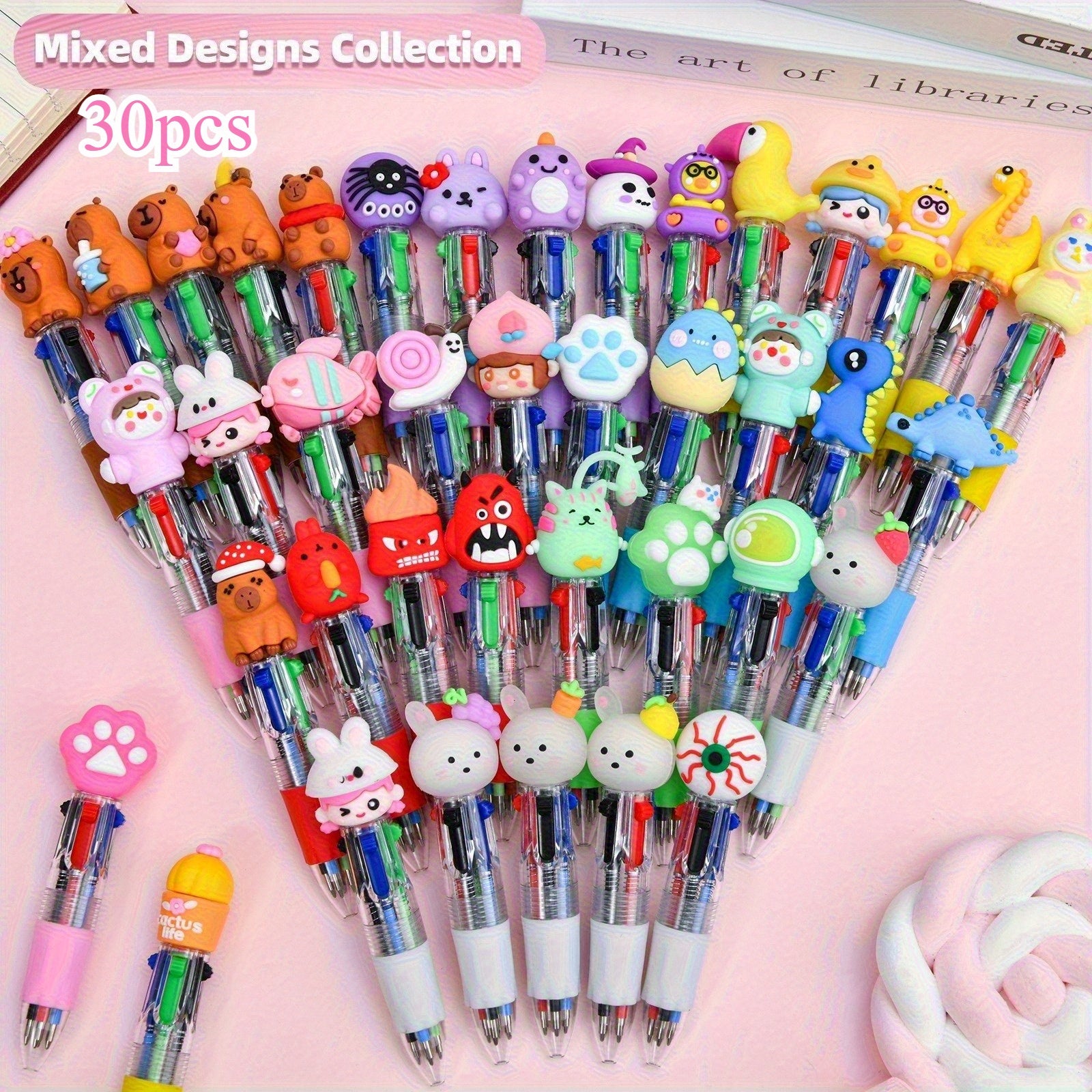 30pcs Creative Mini Four-Color Ballpoint Pen Set, Featuring Adorable Cartoon Designs with Retractable Round Tips, Perfect for Kids' Parties, Birthday Gifts, Classroom Prizes, and School Supplies