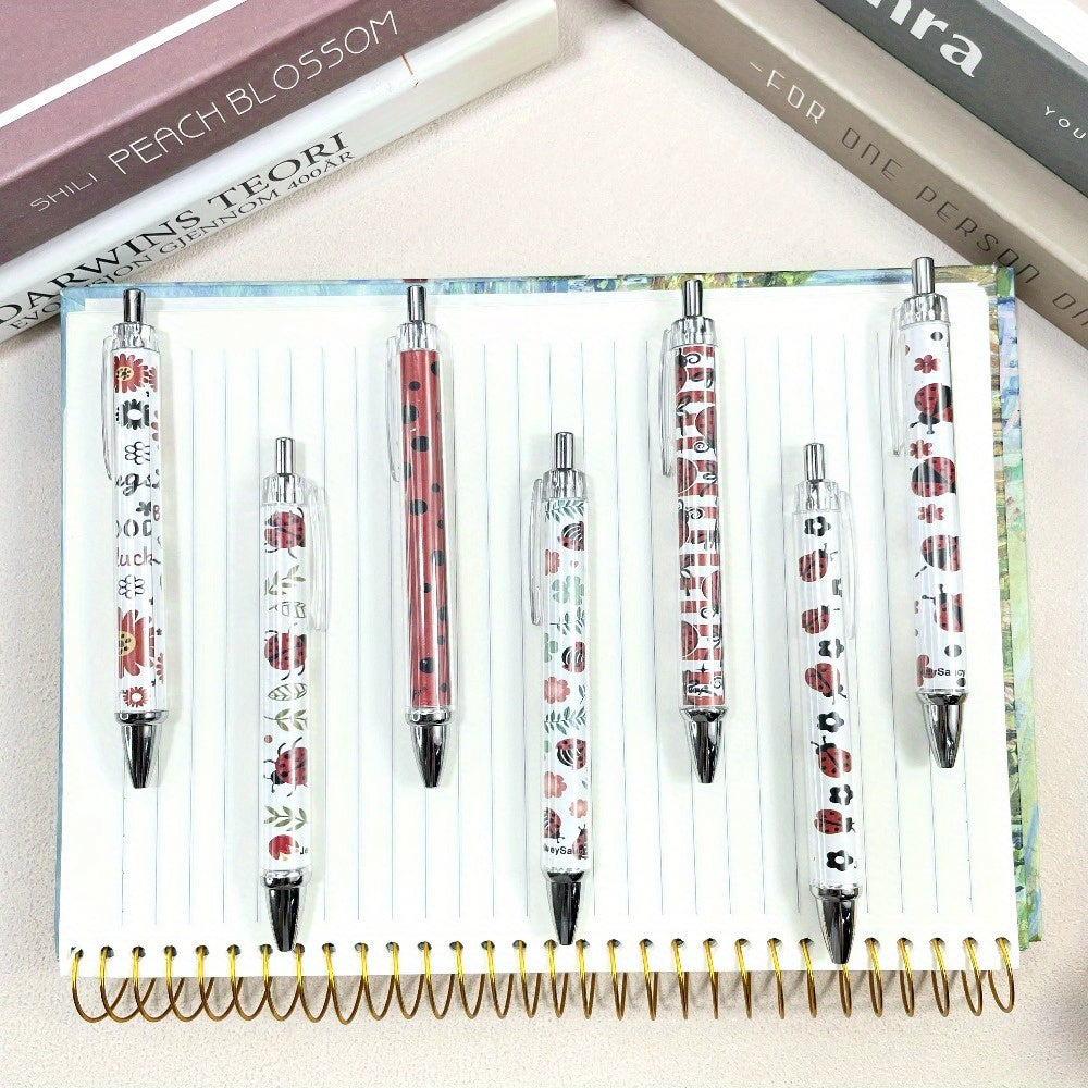 7pcs Creative Red Cartoon Ladybug Ballpoint Pen Set with Retractable Design, Black Ink Writing Pens for Teachers and Office Supplies, Back-to-School Gift, Unique Insect Party Favor