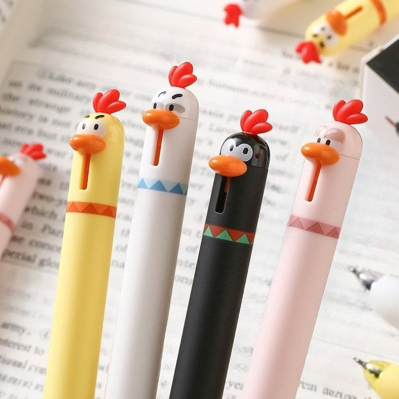 8pcs/ 1set Four different colors of funny chicken click gel pens, decompression office signature black pens, 0.5mm quick-drying writing pens, creative gel pens, can be used for writing and office work