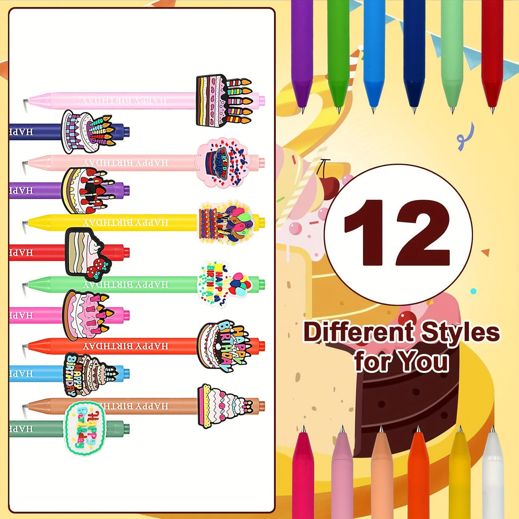 12pcs Cute Animal Happy Birthday Pens Cartoon Pens Funny Pen Writing Ballpoint Pens Retractable Black Ink Pens Birthday Party Gifts for Students Office Supplies School Stationery