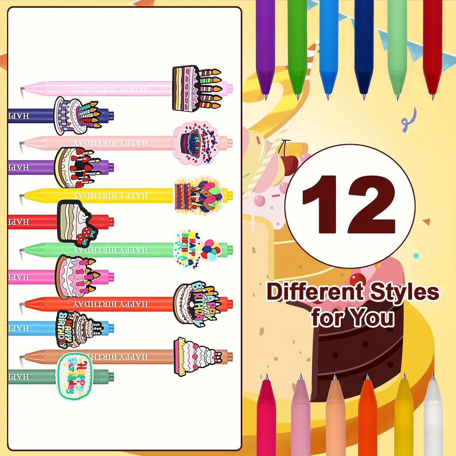 12pcs Cute Animal Happy Birthday Pens Cartoon Pens Funny Pen Writing Ballpoint Pens Retractable Black Ink Pens Birthday Party Gifts for Students Office Supplies School Stationery