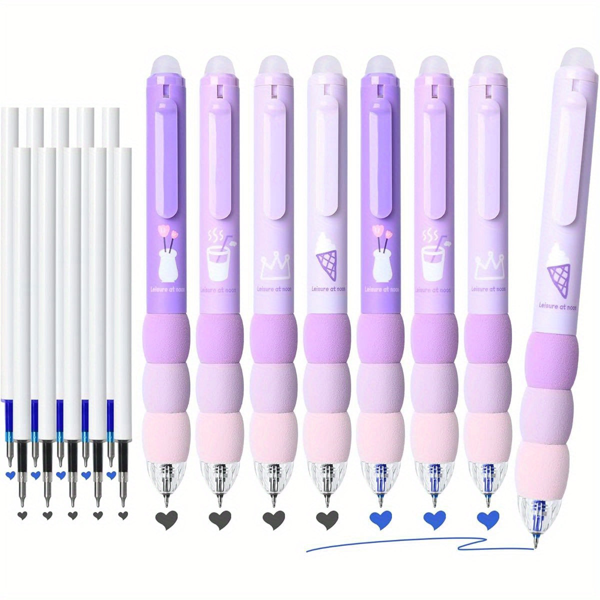 18pcs Aesthetic Retractable Erasable Gel Pens, Make Mistakes Disappear, 8 Pens & 10 Refills, Cartoon Smooth Writing Pen, 0. 5mm Black & Blue Ink Pen, Office School Supplies. ( Purple Theme, Cute Gel Pens, Pens Set, Cute Pens, Pens for, School Stationery,