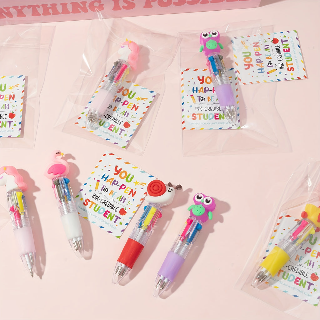 42pcs/14 Sets of Year-End Student Gifts Including Cute Cartoon 4-In-1 Colorful Retractable Ballpoint Pens with Greeting Cards, Suitable for School Party Gifts And Bulk Exchange Gifts