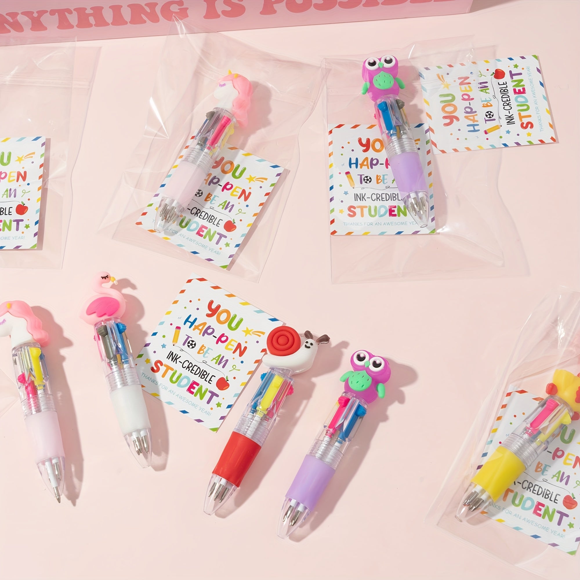 42pcs/14 Sets of Year-End Student Gifts Including Cute Cartoon 4-In-1 Colorful Retractable Ballpoint Pens with Greeting Cards, Suitable for School Party Gifts And Bulk Exchange Gifts