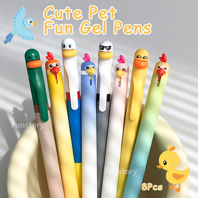8pcs Set Creative Parrot Duckling Fun Click Pen 0.5mm Smooth Tip Quick Dry Cute Office School Supplies Fidget Writing Pens, Desk Stationery, Study Essentials, Whimsical Pens, Playful Stationery, Lightweight Pen, Ergonomic Grip, Click Mechanism, Fidget