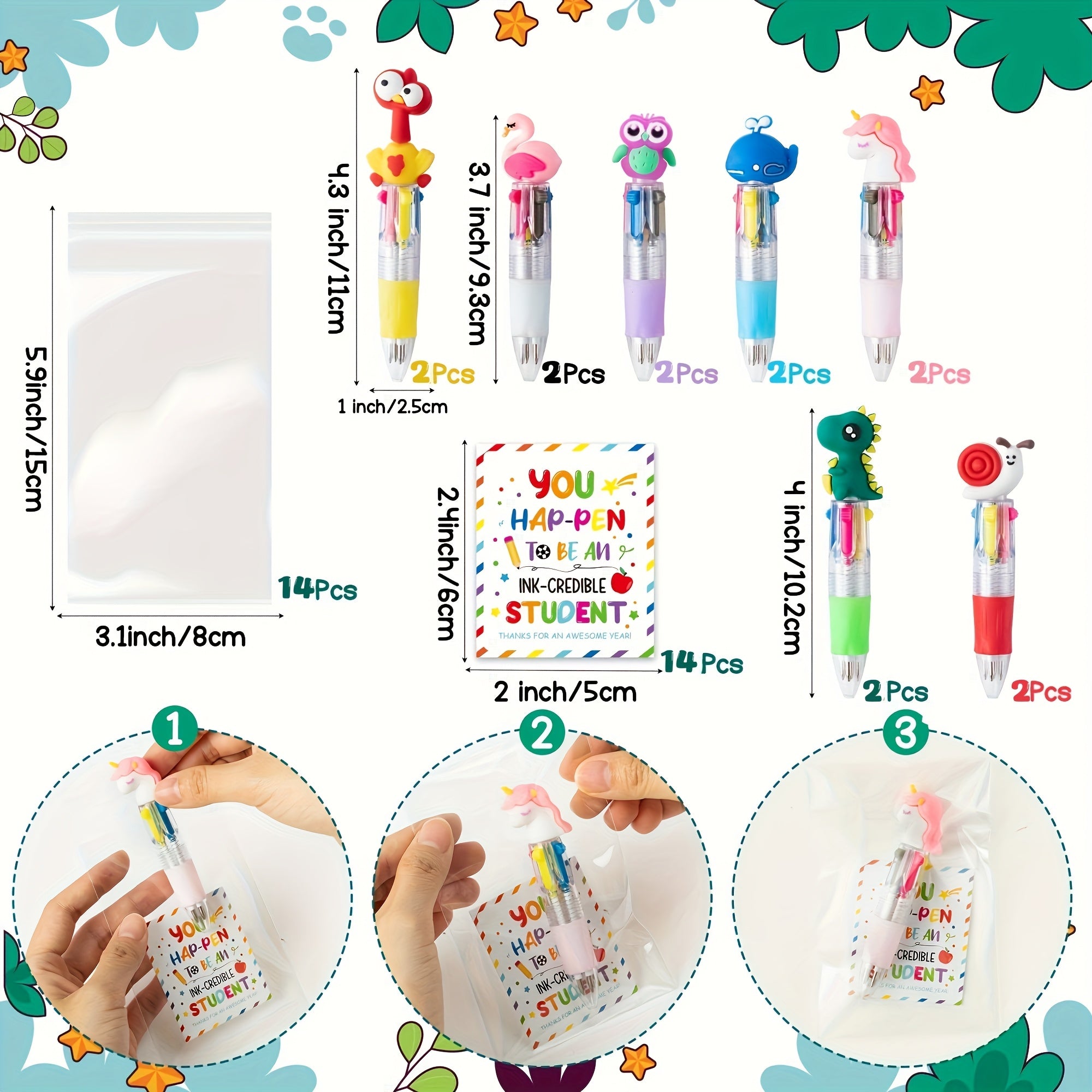 42pcs/14 Sets of Year-End Student Gifts Including Cute Cartoon 4-In-1 Colorful Retractable Ballpoint Pens with Greeting Cards, Suitable for School Party Gifts And Bulk Exchange Gifts
